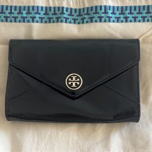 Tory Burch Black Leather Clutch with Gold Logo